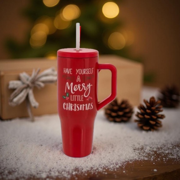 Red Christmas Travel Mug / Red Christmas Tumbler with Straw - Picture 4 of 11